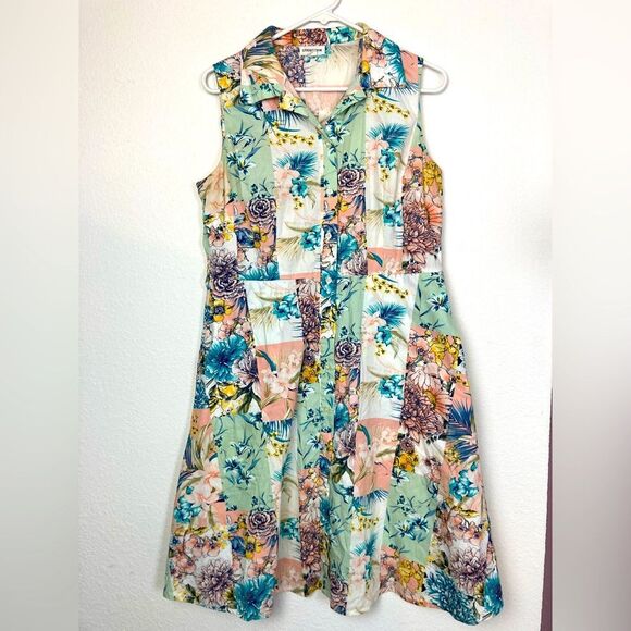 Vintage Floral Patchwork Print Fit & Flare button down shirt dress w/ pockets - Picture 1 of 12